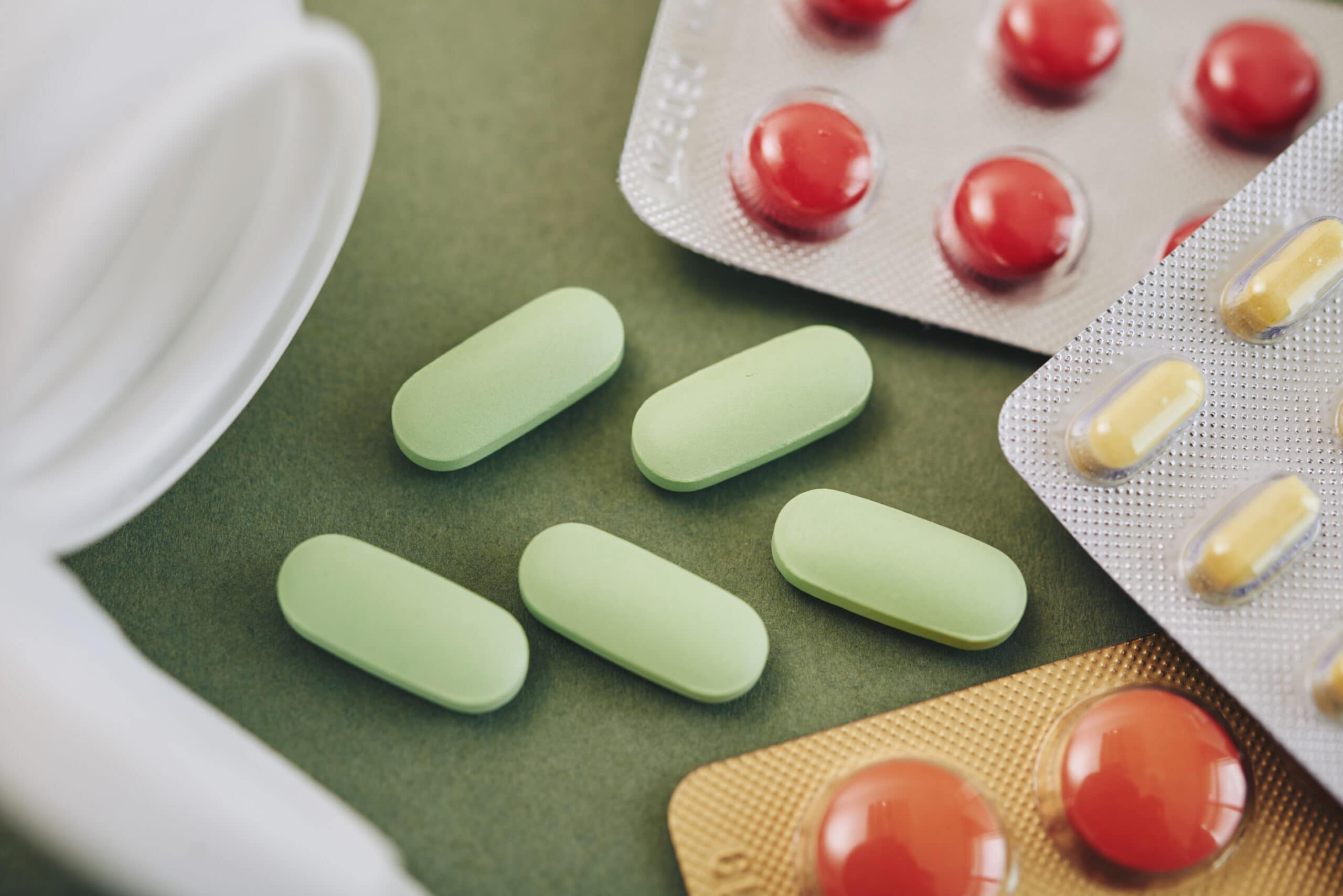 Close-up image of vitamins and supplements, view from above